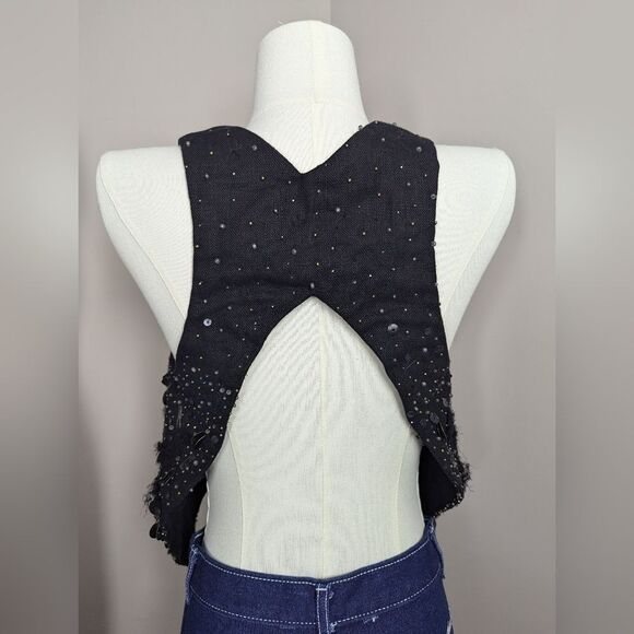 Theyskens' Theory "Jiguo" Embellished Linen Vest – Statement Black Beaded Vest – - Picture 6 of 11